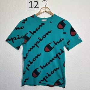 Vtg Champion Heritage Athletic Apparel Men Shirt Sz  S All Over Print Logo Green